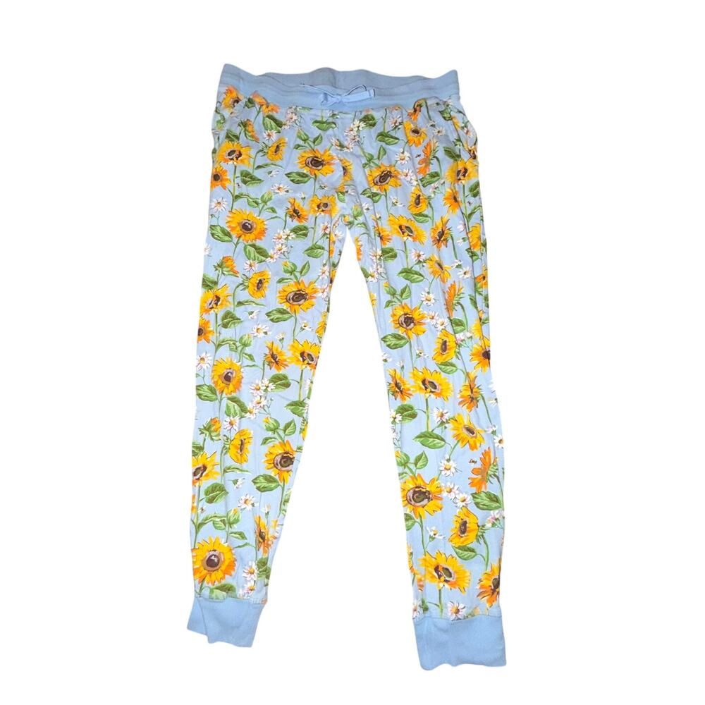 Vera Bradley Cotton Jogger Pajama Pants Womens Size L Sunflower Sky Blue Pockets